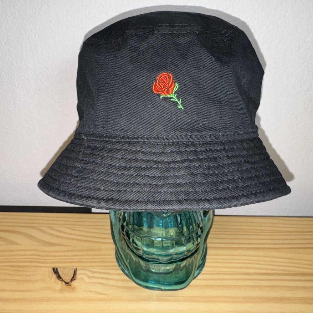 Empyre Bucket Hat Unisex OS Retro Y2K Black Embroidered Rose Cotton